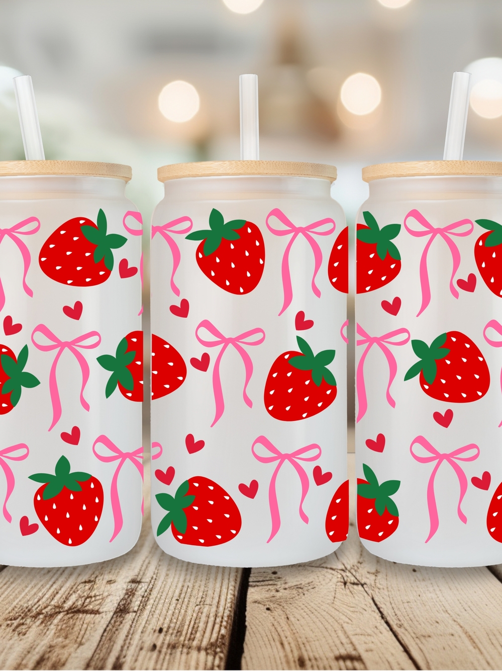 Strawberry Bow White Party Can Tumbler with Lid & Straw